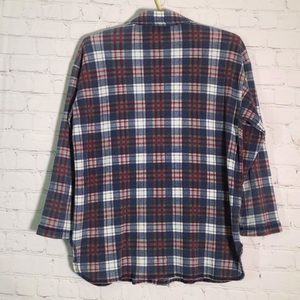 Vintage 80s Waffle Knit Blue Red Plaid Flannel Button Front Shirt Womens Small - Picture 11 of 16